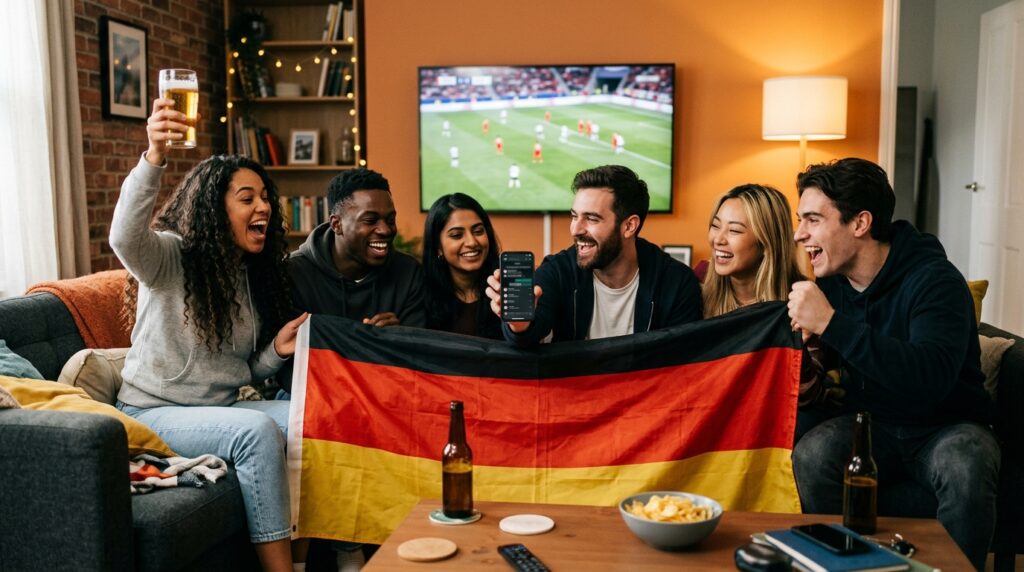 Freunde schauen gemeinsam WM 2026 und teilen Sprüche per WhatsApp