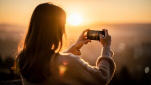 Frau macht ein Foto bei Sonnenuntergang für Instagram Sprüche