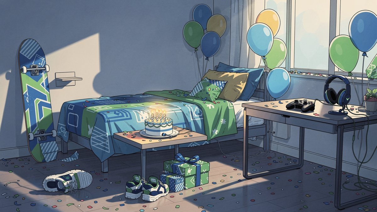 Sprüche zum 14. Geburtstag für Jungen Jugendzimmer mit Skateboard, Konsolen-Controller, Luftballons und Geburtstagstorte zum 14. Geburtstag