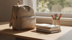 Gepackter Schulranzen mit Heften und Buntstiften auf einem Schreibtisch im Morgenlicht